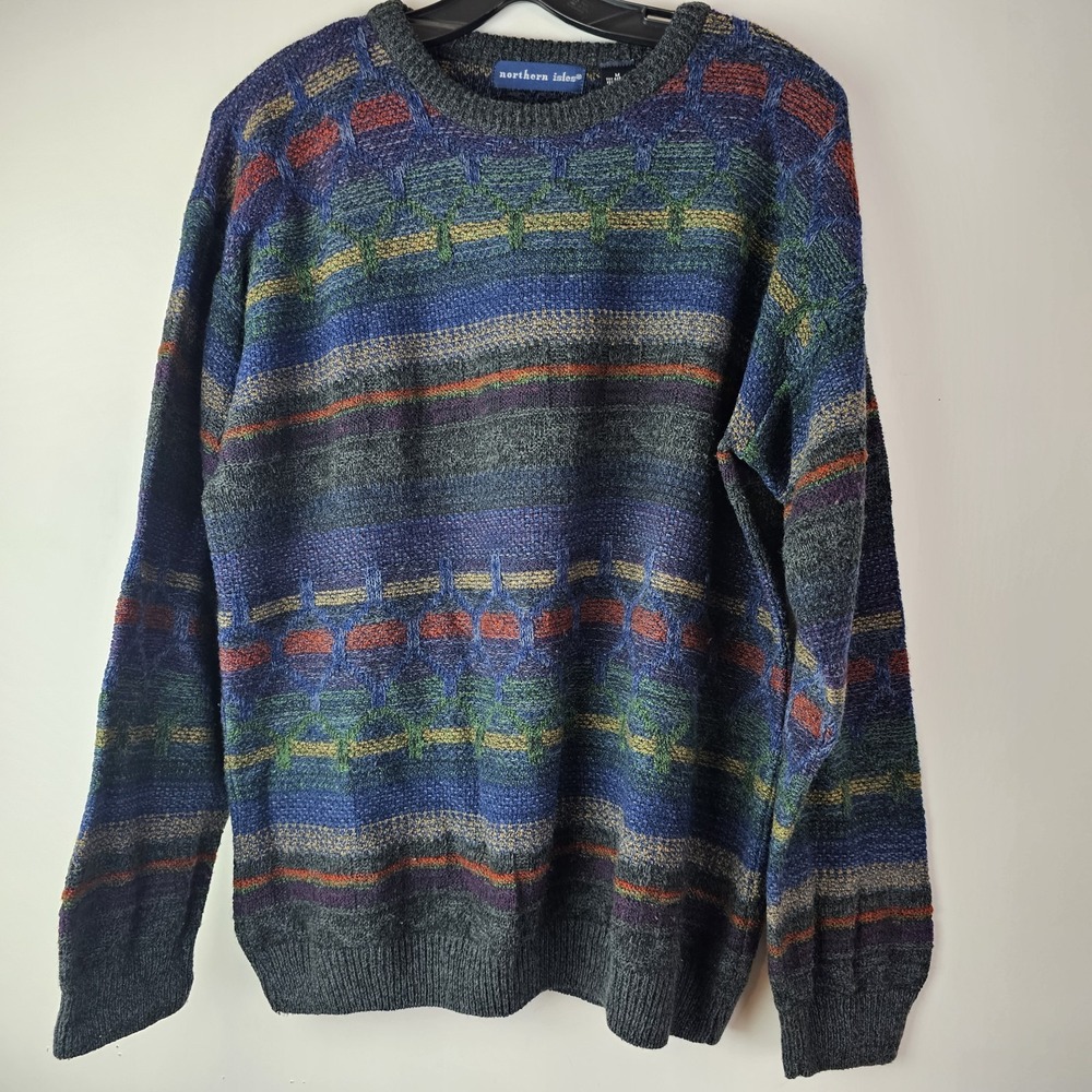 Northern Isles Vintage Knit Sweater Men's M Geometric Retro Grandpa 90s Blue LS
